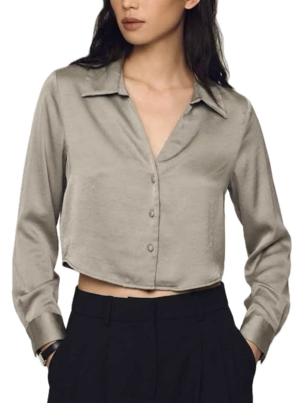 Zara Satin Button Down Long Sleeve Cropped Shirt Womens Size M Silvery Taupe